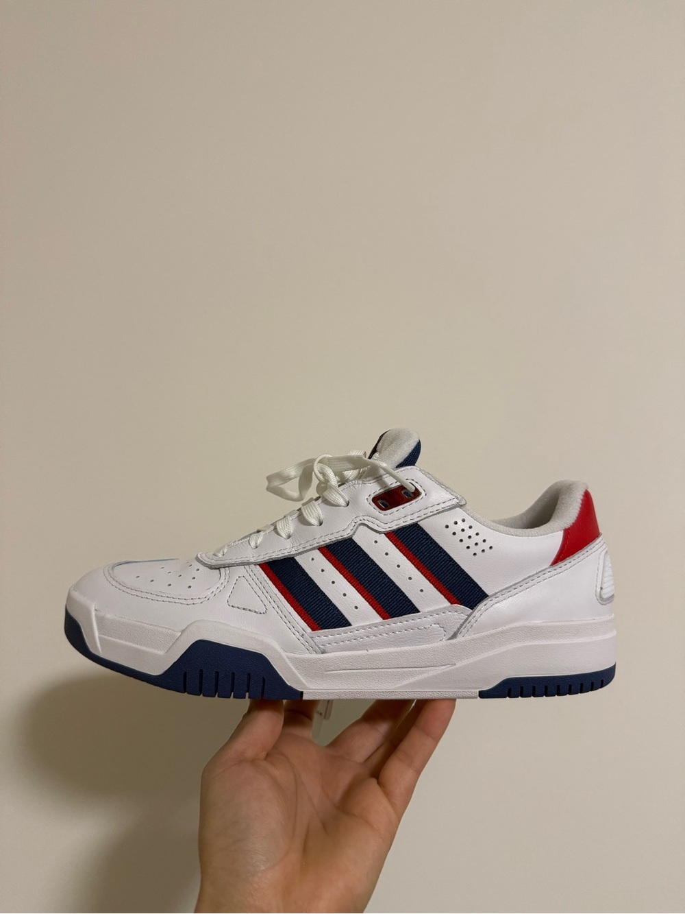 adidas White Low-Top Sneakers with Navy & Red Stripes size 8